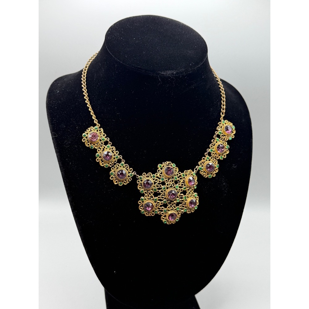 Vintage Gold Tone Filigree Necklace Purple & Green Rhinestones Statement #1110